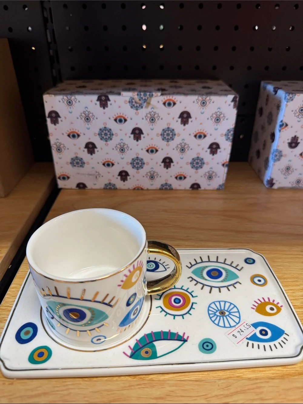 Decorative Eye Pattern Ceramic Cup and Tray Set - White/Multicolor